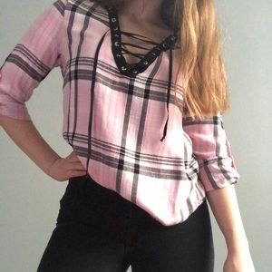 Lace Up Pink Plaid Blouse